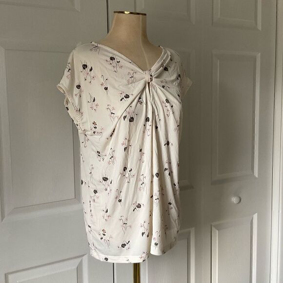 Ann Taylor Factory Ivory Floral Top V-Neck Knot Keyhole Front - L Large - Picture 5 of 6